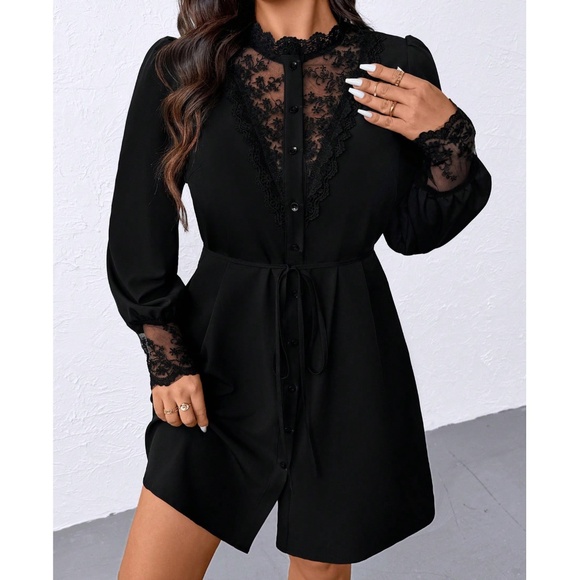 Plus Black Bottom Down Floral Semi Sheer Lace Long sleeve Dress - Picture 3 of 5